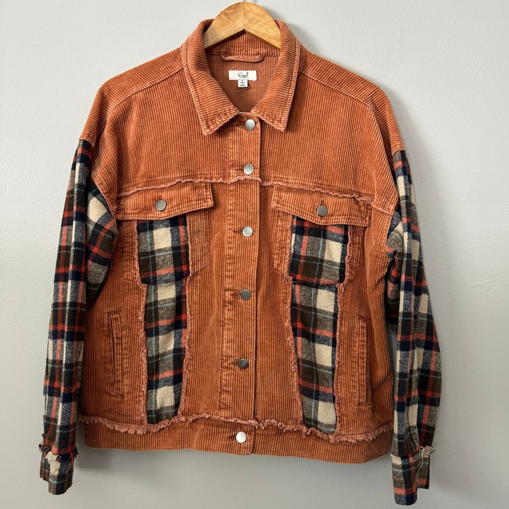 Easel Jacket Womens Large Rust Orange Plaid Corduroy Button Down Shacket Boho
